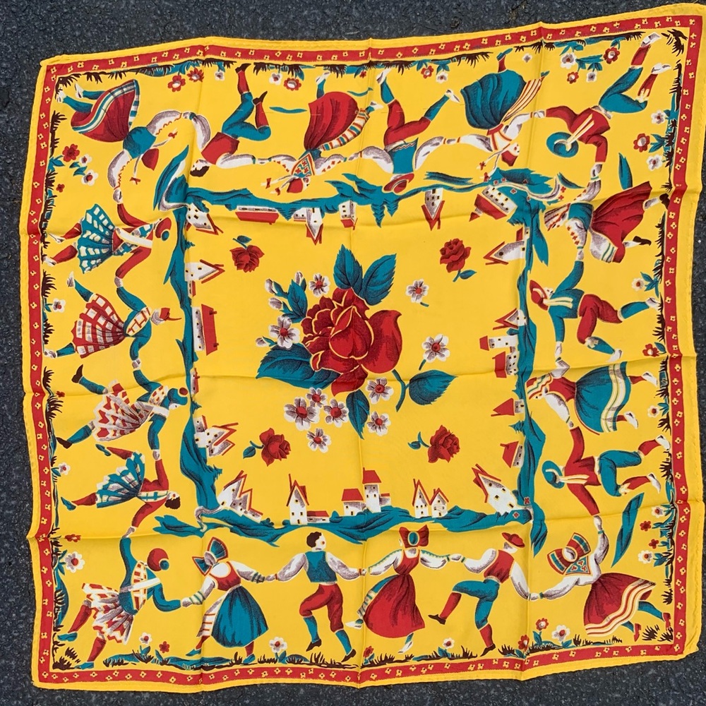 Vintage Dutch hand-rolled, silk scarf European vibrant yellow/red/blue